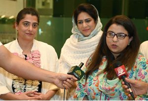 Federal Minister for Information Technology and Telecommunication, Shaza Fatima Khawaja talking to media after receiving former Pakistan Women’s Cricket Team captain Sana Mir at Islamabad Airport, Sana Mir has become the first Pakistani woman cricketer to be inducted into the ICC Hall of Fame