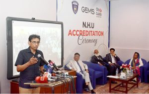 Federal Minister for Education and Professional Training, Dr Khalid Maqbool Siddiqui addressing the participants of NHU ceremony.