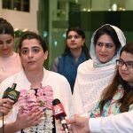 Former Pakistan Women’s Cricket Team captain Sana Mir talking to media as Federal Minister for Information Technology and Telecommunication, Shaza Fatima Khawaja, welcomes. Sana Mir at Islamabad Airport she has become the first Pakistani woman cricketer to be inducted into the ICC Hall of Fame