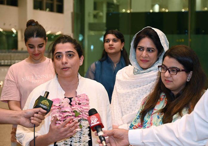 Former Pakistan Women’s Cricket Team captain Sana Mir talking to media as Federal Minister for Information Technology and Telecommunication, Shaza Fatima Khawaja, welcomes. Sana Mir at Islamabad Airport she has become the first Pakistani woman cricketer to be inducted into the ICC Hall of Fame Former Pakistan Women’s Cricket Team captain Sana Mir talking to media as Federal Minister for Information Technology and Telecommunication, Shaza Fatima Khawaja, welcomes. Sana Mir at Islamabad Airport she has become the first Pakistani woman cricketer to be inducted into the ICC Hall of Fame