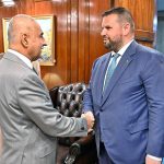 Speaker National Assembly Sardar Ayaz Sadiq receiving Ambassador of Romania Dan Stoenescu at Parliament House