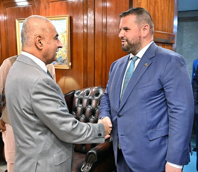 Speaker National Assembly Sardar Ayaz Sadiq receiving Ambassador of Romania Dan Stoenescu at Parliament House