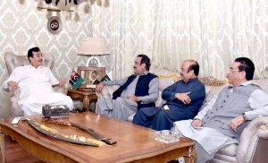 Chairman Senate Syed Yousuf Raza Gilani meeting dignitaries from the city at his residence on the occasion of Eid Milan