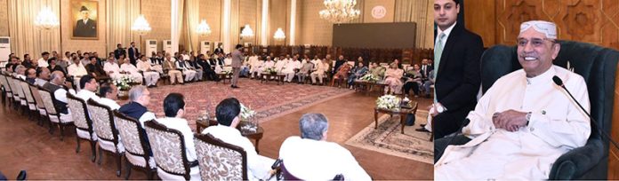 President Asif Ali Zardari addressing the leaders and workers of the Pakistan People's Party, at Aiwan-e-Sadr