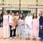 Federal Minister for Information Technology and Telecommunication, Shaza Fatima Khawaja, and former Pakistan Women’s Cricket Team captain Sana Mir pose for a group photograph with others at Islamabad Airport,The Federal Minister welcomed Sana Mir who has become the first Pakistani woman cricketer to be inducted into the ICC Hall of Fame