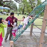 A father helps his children climb a rope swing, sharing joyful moments on Father's Day.