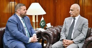 Speaker National Assembly Sardar Ayaz Sadiq receiving Ambassador of Romania Dan Stoenescu at Parliament House