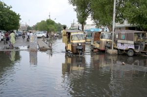 A view of rain water outside railway station need the attention of concerned authorities.