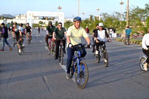 A large number of people participate in the 'World Bicycle Day Rally' from D-Chowk to Serena Hotel, organized by the Embassy of Turkmenistan in collaboration with Serena Hotels in the Federal Capital.
