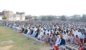 A large number of faithful offering Eidul Azha prayers at Haji Abad Ground