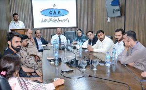 Regional Advisor Federal Ombudsman Shahid Hussain Jillani chairing a meeting during visiting Faisalabad Airport for inspection after public complaints regarding mal-administration and poor service delivery at airport and one window facilitation desk