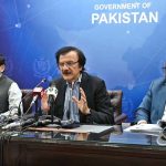 Special Assistant to Prime Minister for Industry and Production Haroon Akhtar addressing a press conference on National Electric Vehicle (NEV) Policy 2025-2030 at PID Media Center