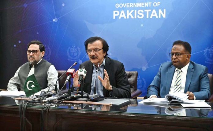 Special Assistant to Prime Minister for Industry and Production Haroon Akhtar addressing a press conference on National Electric Vehicle (NEV) Policy 2025-2030 at PID Media Center