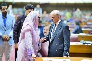 Prime Minister Muhammad Shehbaz Sharif meets MNAs during the budget session of the National Assembly.