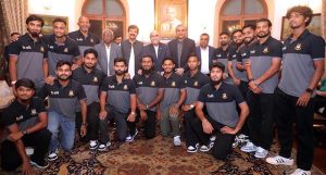 President Asif Ali Zardari in a group photo with members of the Bangladesh Cricket Team, at Governor House.