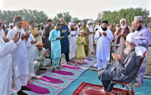A large number of faithful offering Eidul Azha prayers at Haji Abad Ground