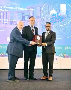 Federal Minister for Planning, Development & Special Initiatives, Ahsan Iqbal receiving the ICESCO Lifetime Achievement Medal of Honor at the 6th Vice Chancellors’ Forum of Universities in the Islamic World, held in Rabat, Morocco — a landmark recognition of his contributions to education, science, and human development across the Islamic world.