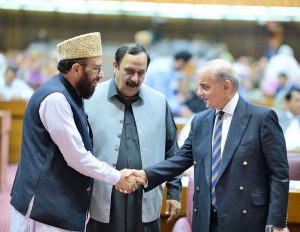 Prime Minister Muhammad Shehbaz Sharif meets MNAs during the budget session of the National Assembly.