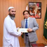 Railways Minister Hanif Abbasi hands over cheques to families of constables martyred in 2024 Mardan anti-encroachment operation. "No price on a human life Railways stands with its employees," says Abbasi