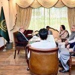 Federal Minister for Communication Abdul Aleem Khan, Minister for State for Overseas Pakistanis and Human Resource development Mohammed Awn Saqlain Chauhdary and MNA Munaza Hassan call on Prime Minister Muhammad Shehbaz Sharif at Parliament House.