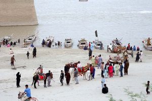 A large number of people arrive at Al-Manzar Picnic Point to enjoy boat rides, camel and horse rides.