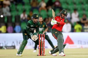 "Bangladesh’s batter Tanzid Hasan plays a shot during the third T20 International match of the three-match series against Pakistan at Gaddafi Cricket Stadium.