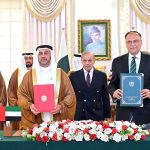Prime Minister Muhammad Shehbaz Sharif witnessing the signing of an MoU of cooperation between Pakistan and the UAE, signed by Federal Minister for Planning and Development Dr. Ahsan Iqbal and UAE's Deputy Minister of Cabinet Affairs for Competitiveness and Knowledge Exchange H. E. Abdulla Nasser Lootah