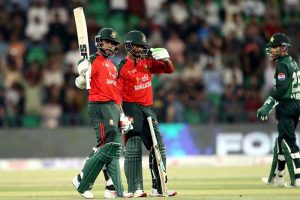 "Bangladesh’s batter Tanzid Hasan plays a shot during the third T20 International match of the three-match series against Pakistan at Gaddafi Cricket Stadium.
