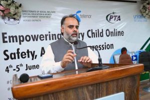Minister Social Welfare Syed Qasim Ali Shah addressing during empowering every child online safety, access, & expression at Business Incubation Center University of Peshawar