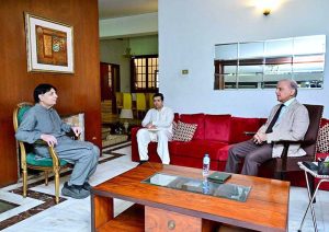 Prime Minister Muhammad Shehbaz Sharif meets with Political leader Chaudhry Nisar at his residence.