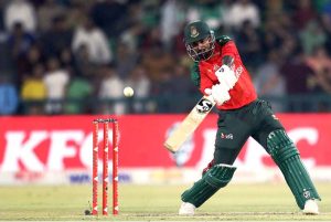 "Bangladesh’s batter Tanzid Hasan plays a shot during the third T20 International match of the three-match series against Pakistan at Gaddafi Cricket Stadium.
