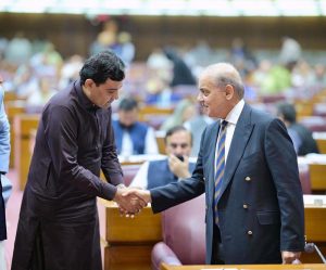 Prime Minister Muhammad Shehbaz Sharif meets MNAs during the budget session of the National Assembly. 
