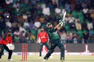 Pakistan’s batter Muhammad Haris playing shot during third T20 International match of the three-match series against Bangladesh at Gaddafi Cricket Stadium.
