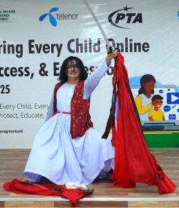Artist performing kathak classical dance during empowering every child online safety, access, & expression at Business Incubation Center University of Peshawar