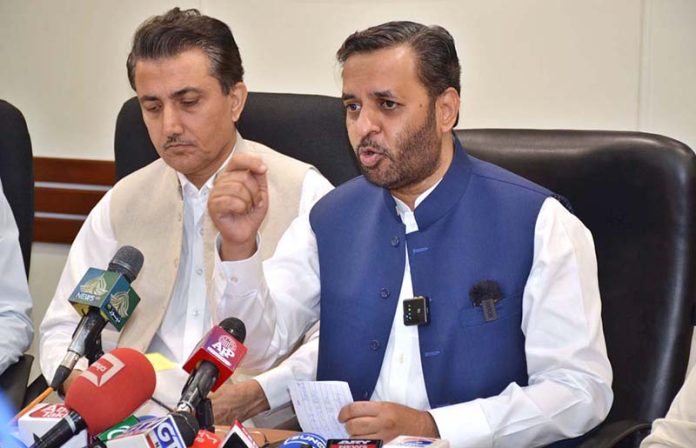 Federal Health Minister Mustafa Kamal addressing a press conference regarding anti-polio elimination measures at Commissioner Office