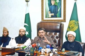 Sindh Governor Kamran Khan Tessori addressing a press conference after chairing a meeting with Ulema regarding the law and order situation in Muharram ul Haram at Governor House.