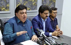 Minister of State for Religious Affairs and Interfaith Harmony Kheal Das Kohistani addressing a press conference.