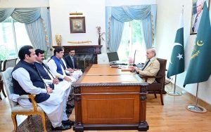 Member of the National Assembly Anwar-ul-Haq Chaudhry calls on Prime Minister Muhammad Shehbaz Sharif. Federal Minister for Public Affairs Unit Rana Mubashar Iqbal, Minister of State for Power Abdul Rehman Kanju and Special Assistant to the PM Talha Barki are also present