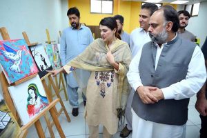 Minister Social Welfare Syed Qasim Ali Shah visiting art exhibition during empowering every child online safety, access, & expression at Business Incubation Center University of Peshawar
