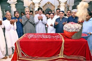 Sindh Chief Minister Syed Murad Ali Shah offering Fateha on the grave of Shaheed Zulfiqar Ali Bhutto on the occasion of Eidul Azha at Gharhi Khuda Bakhsh Bhutto