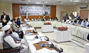 Chairman, Council of Islamic Ideology (CII), Allama Muhammad Raghib Hussain Naeemi addresses a press conference on Muharram-ul-Haram following the annual Ulema and Mashaikh Conference at the Council of Islamic Ideology.