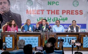 Chairman Pakistan Peoples Party (PPP), Bilawal Bhutto Zardari, addresses a "Meet the Press" event at the National Press Club.