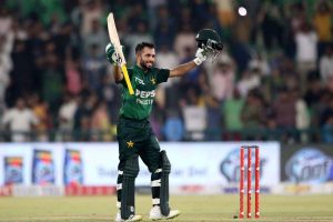Pakistan’s batter Muhammad Haris celebrated after completed century score during the Third T20 International cricket match between Pakistan and Bangladesh of the three match series at the Gaddafi Cricket Stadium.