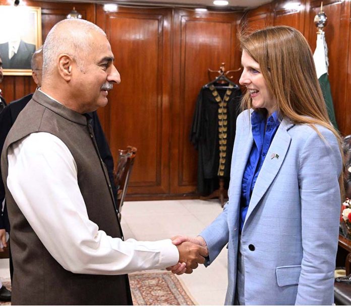 Speaker National Assembly Sardar Ayaz Sadiq receiving British High Commissioner to Pakistan Ms. Jane Marriott at Parliament House