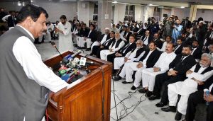 Federal Minister for Kashmir and Gilgit-Baltistan Affairs and SAFRON and President PMLN Khyber Pakhtunkhwa Engineer Amir Muqam is addressing the Peshawar High Court Bar Association.