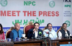 Chairman Pakistan Peoples Party (PPP), Bilawal Bhutto Zardari, addresses a "Meet the Press" event at the National Press Club.