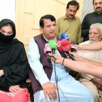 Federal Minister for Kashmir Affairs, Gilgit-Baltistan and SAFRON, Engr. Amir Muqam talking to media person after condoling with the family members of those who died in the tragic Swat incident.
