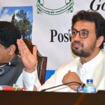 Balochistan Finance Minister Shoaib Nosherwani, accompanied by Minister for Planning and Development Mir Zahoor Buledi, government spokesperson Shahid Rind, and Secretary Finance Imran Zakuan, addresses a post-budget press briefing