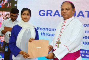 Bishop Samson Shukardin awards certificates to trained students during the graduation ceremony of Cohort One under the project “Economic Empowerment of Marginalized Communities through Strengthening Technical and Skilled Sector in Punjab and Sindh”, organized by The Hunar Foundation at Ashraf Khatoon Technical Institute.