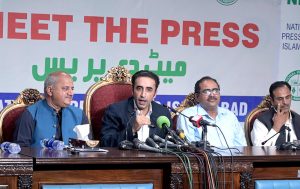 Chairman Pakistan Peoples Party (PPP), Bilawal Bhutto Zardari, addresses a "Meet the Press" event at the National Press Club.